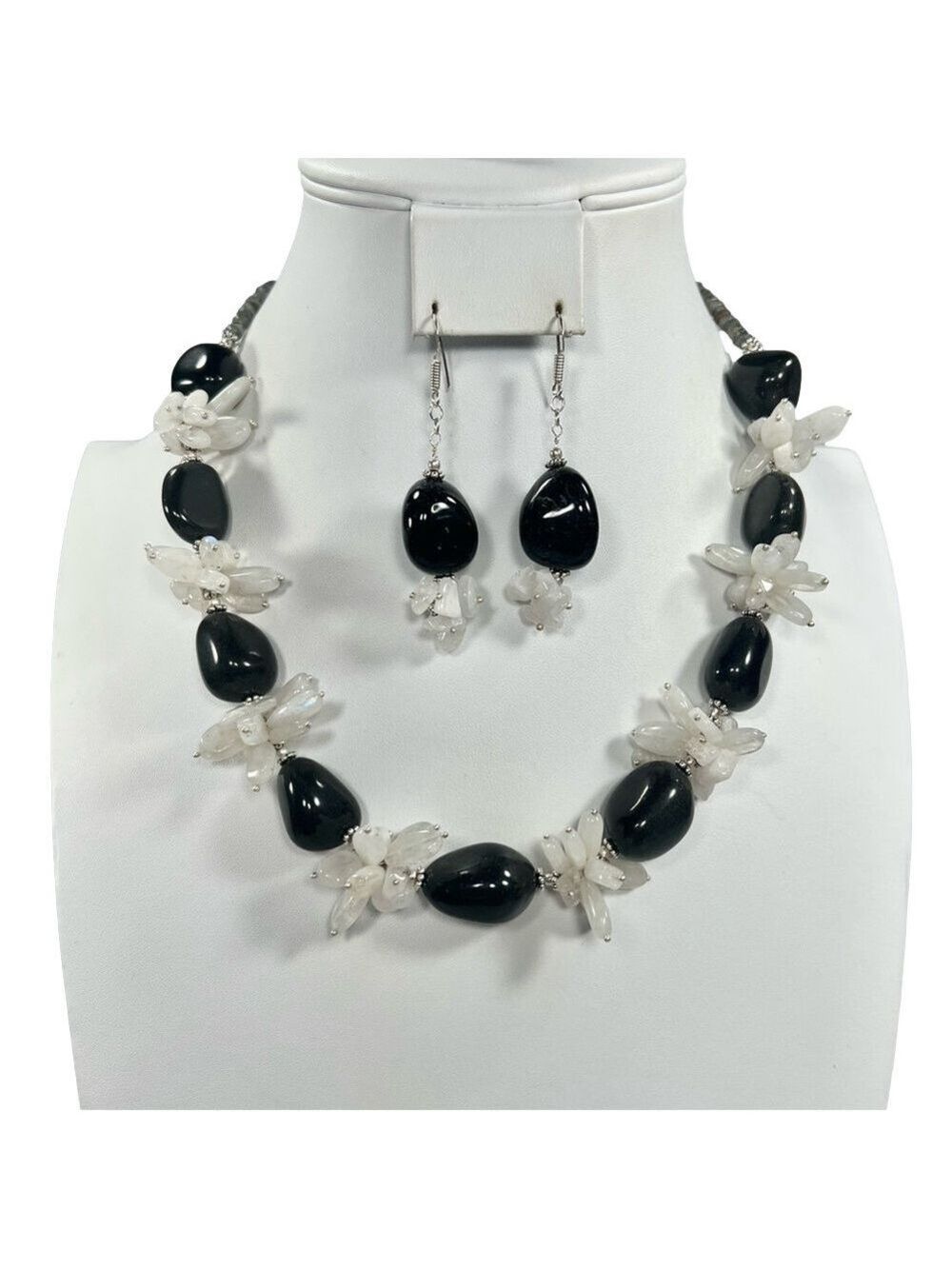 Silver Sheen Obsidian & Moonstone 925 Chunky Beaded Gemstone Necklace & Earrings